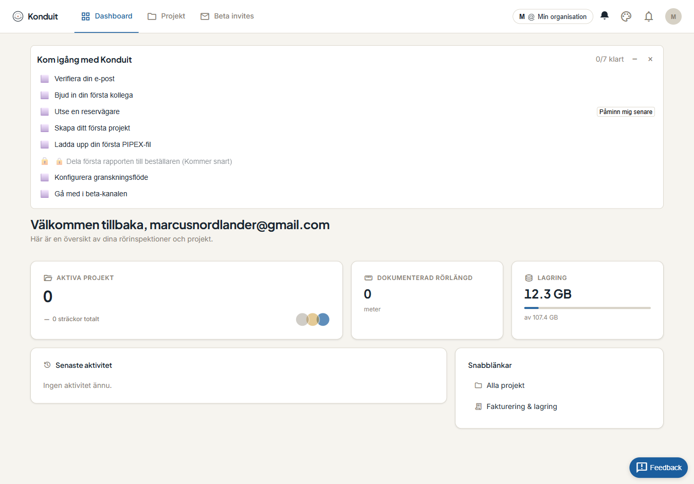 Konduit dashboard med onboarding-checklista och KPI-kort för aktiva projekt, rörlängd och lagring