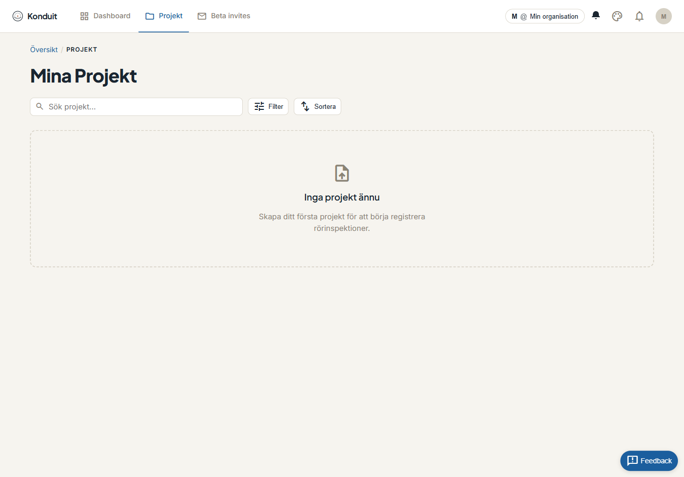Konduit projektlista — tom vy med empty state och sökfilter